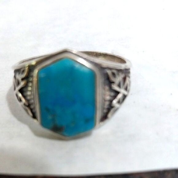 STERLING SILVER Hexagonal Turquoise Stone Ring....SIZE 10 - Picture 1 of 4